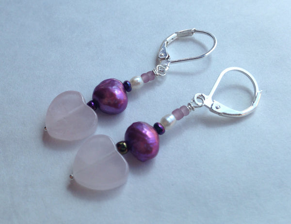Rose Quartz Heart Earrings with Purple and White Freshwater Pearl Earrings