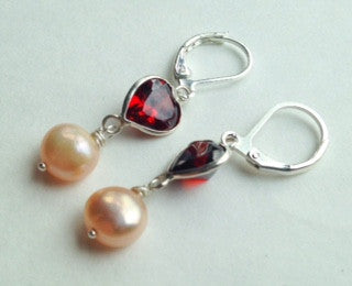 Faceted Garnet Heart Earrings with Pink Freshwater Pearls