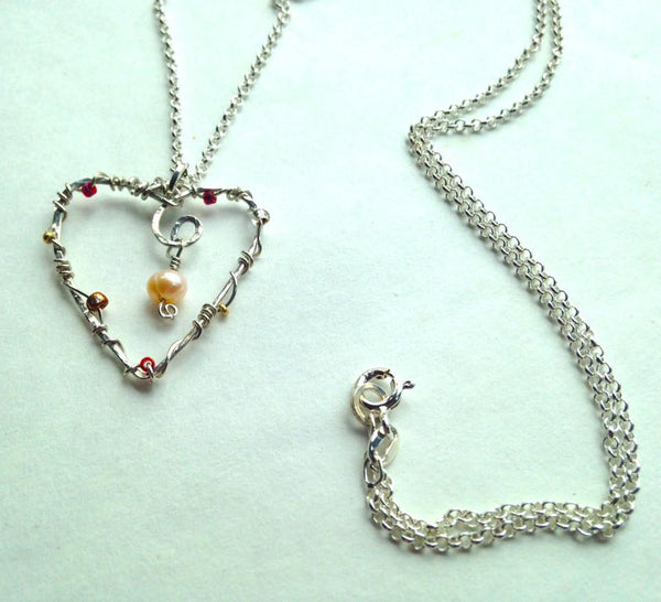 Sterling Wrapped Heart Necklace with Gem Beads