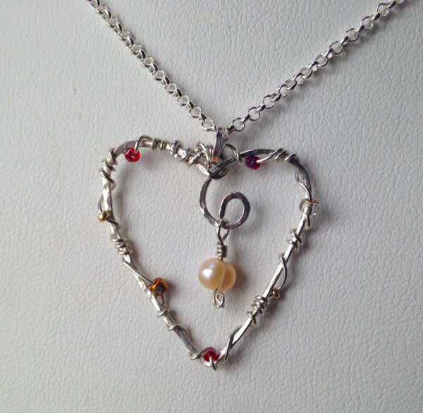 Sterling Wrapped Heart Necklace with Gem Beads