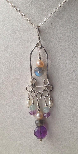 Sterling Silver Lavalier Necklace of Amethyst, Freshwater Pearl, Labradorite, Aquamarine