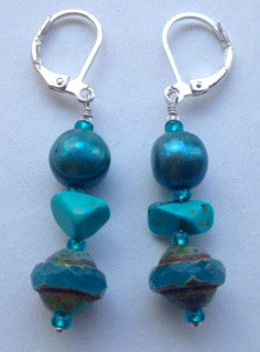 Turquoise Aqua Blue Greek Glass and Teal Pearl Earrings