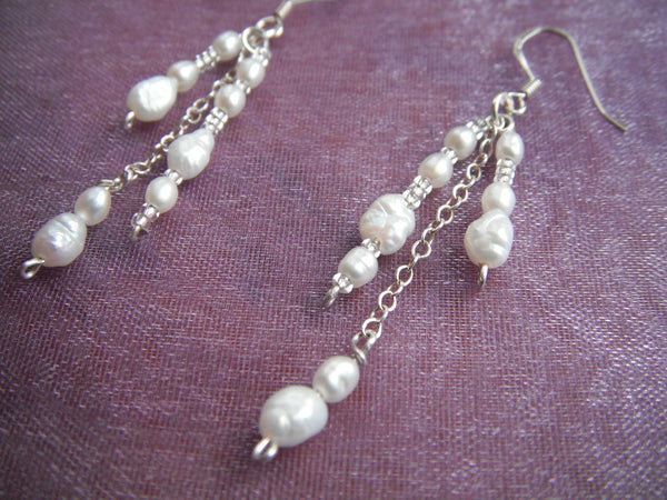 Freshwater Pearl Earrings with Sterling Dangle Earrings Bridal Handcrafted Earrings  - 1 1/2" dangles