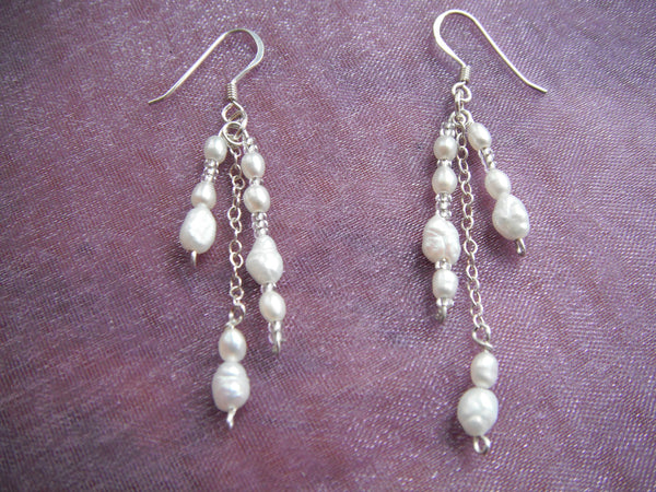 Freshwater Pearl Earrings with Sterling Dangle Earrings Bridal Handcrafted Earrings  - 1 1/2" dangles