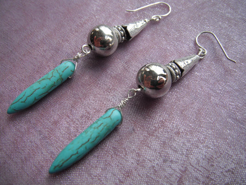 Sterling Silver Earrings Silver Ball and Bell Earrings with Turquoise Bullet Long Dangle Earrings - 2 3/4"