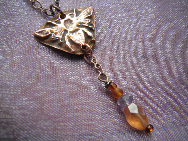 Copper HoneyBee Necklace Hessonite and Amethyst 18" Dangle Pendant