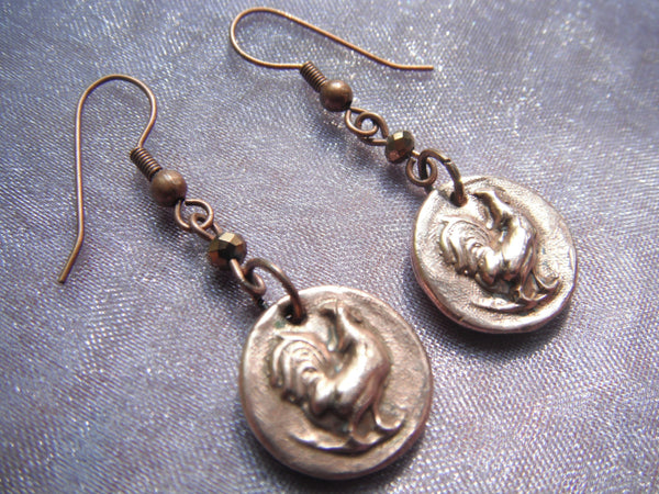Copper Rooster Earrings Precious Metal Clay Dangle Earrings