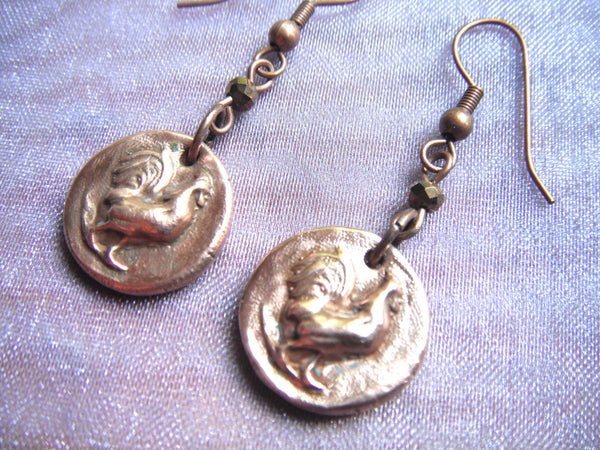 Copper Rooster Earrings Precious Metal Clay Dangle Earrings