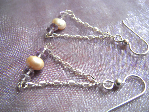 Amethyst and Pearl Earrings Sterling Silver Chain Triangle Earrings with Amethyst and Freshwater Pearl Dangle Earrings
