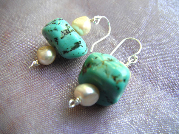 Turquoise Nugget Earrings and Freshwater Pearl Sterling Silver Drop Earrings