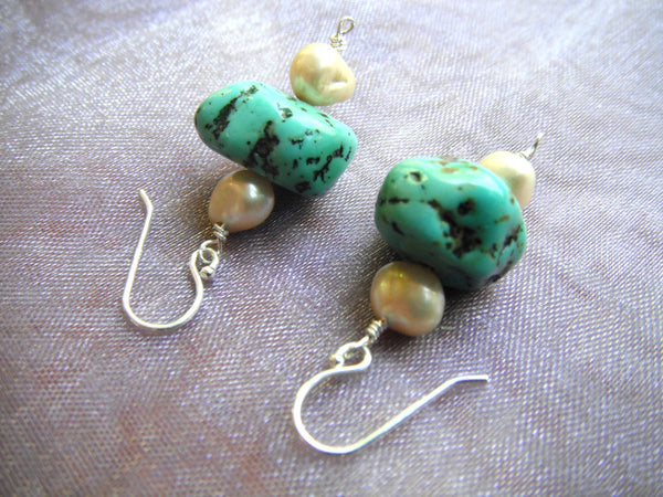 Turquoise Nugget Earrings and Freshwater Pearl Sterling Silver Drop Earrings