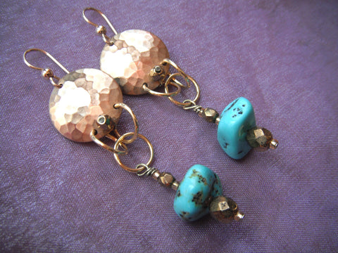 14K Gold Filled Earrings Hammered Discs with Turquoise Nugget Dangle Earrings
