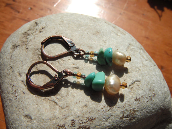 Copper, Turquoise and Freshwater Pearl Earrings "Pretty Baby Drops" Short Dangle Earrings