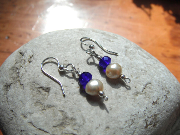 Silver and Freshwater Pearl Earrings with Cobalt Glass "Pretty Baby Drops" Earrings Short Dangle
