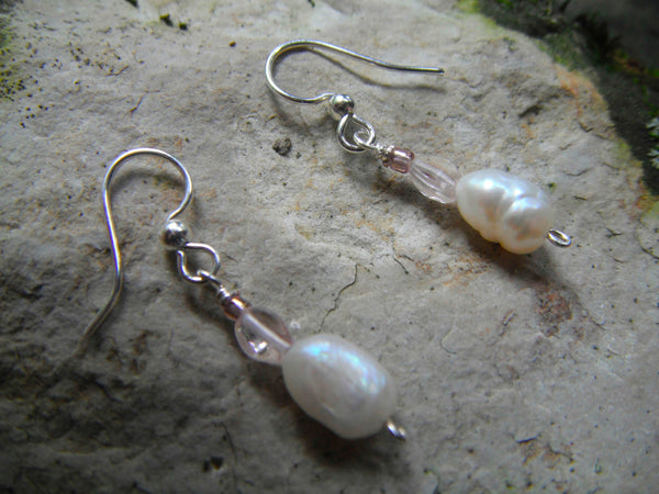 Silver Pearl Rose Quartz Earrings "Pretty Baby Drop" Earrings Short Dangle Earrings