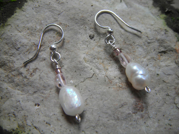 Silver Pearl Rose Quartz Earrings "Pretty Baby Drop" Earrings Short Dangle Earrings