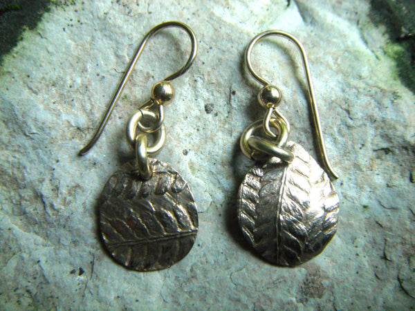 Bronze and 14K Gold Filled Fern Earrings Precious Metal Clay Earrings Small Dangle Earrings Fern Design