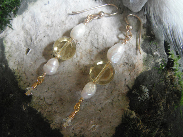 14K Gold Filled Earrings Lemon Quartz Freshwater Pearl Long Dangle Earrings