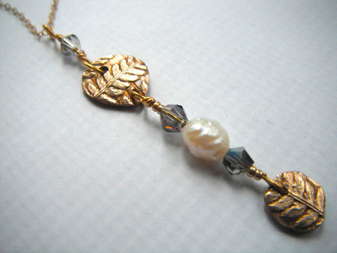 14K Gold Filled Bronze Pearl Lavalier Necklace with Blue Swarovski Crystal Fern Design Necklace