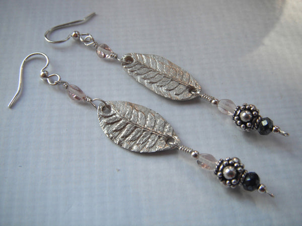 Fine Silver Fern Earrings with Antique Bali Bead, Swarovski Crystal and Rose Quartz Long Dangle Earrings