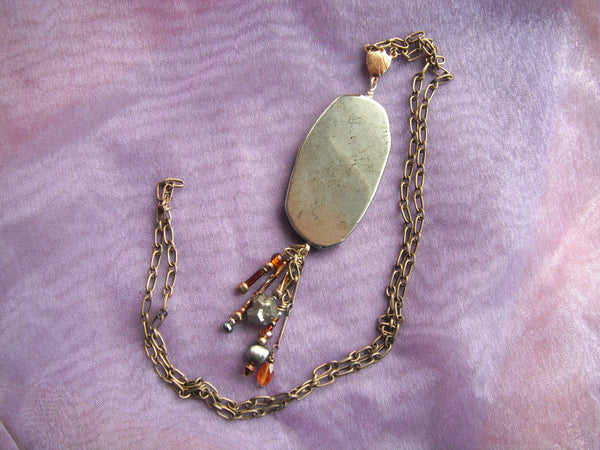 Large Pyrite Slab Pendant Dangling Gem Assortment Necklace on Brass