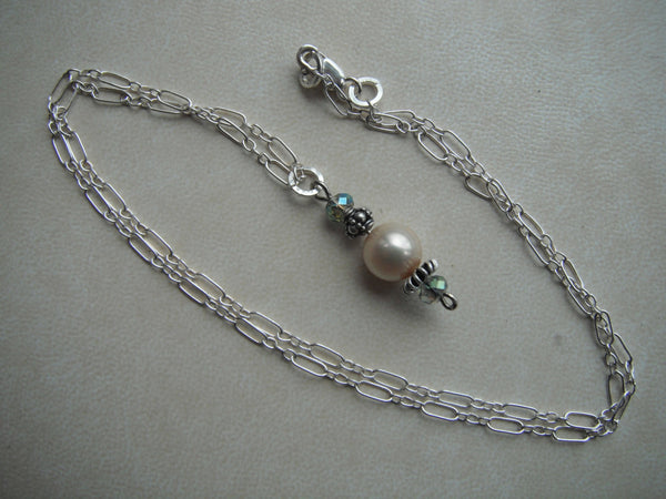 Pearl Choker Sterling Silver with Light Blue Swarovski Crystals Sterling Bali Beads Necklace - 17"
