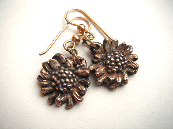 Bronze Daisy Earrings 14K Gold Filled Ear Wires Spring Fresh Flower Earrings