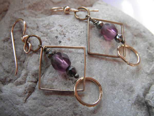 Brass 14K Gold Filled Earrings with Purple Frosted Faceted Glass and Pyrite Dangle Earrings - 1 1/2"