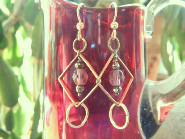 Brass 14K Gold Filled Earrings with Purple Frosted Faceted Glass and Pyrite Dangle Earrings - 1 1/2"