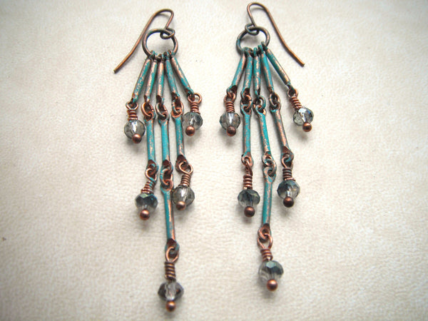 Blue Colored Copper Earrings Chain Dangles with Swarovski Crystals - 2 1/2"