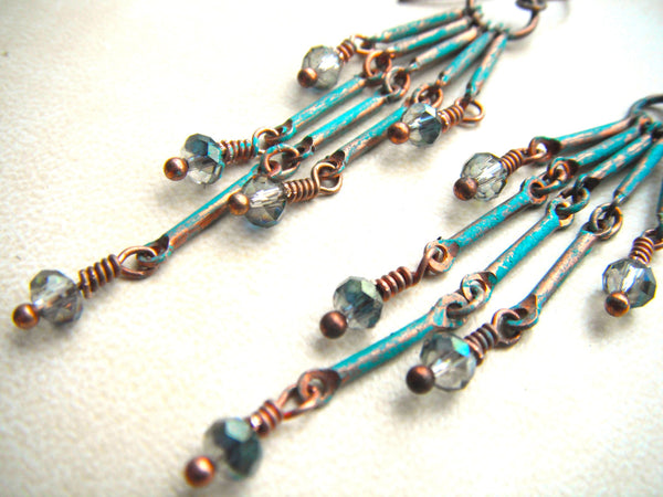 Blue Colored Copper Earrings Chain Dangles with Swarovski Crystals - 2 1/2"