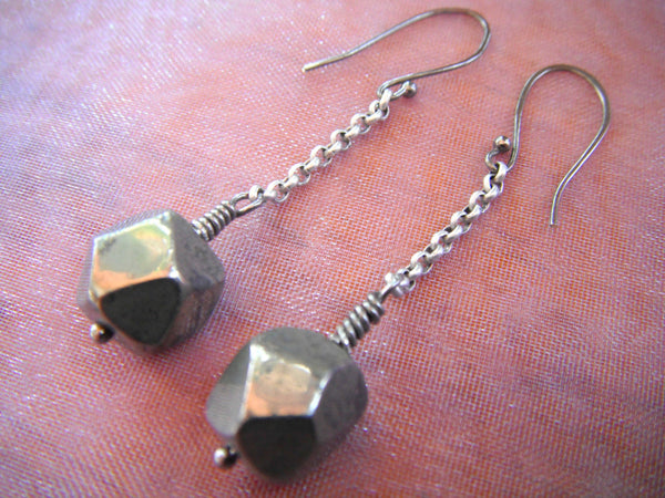 Pyrite Nugget Earrings Single Silver Chain Dangles - 1 3/8"