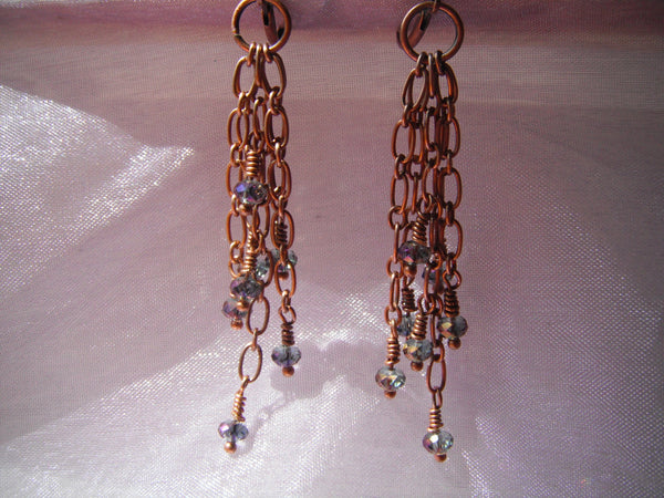 Copper Chain Crystal Earrings Chandelier Style Purple Blue Long Dangle Earrings - 2 5/8" RC