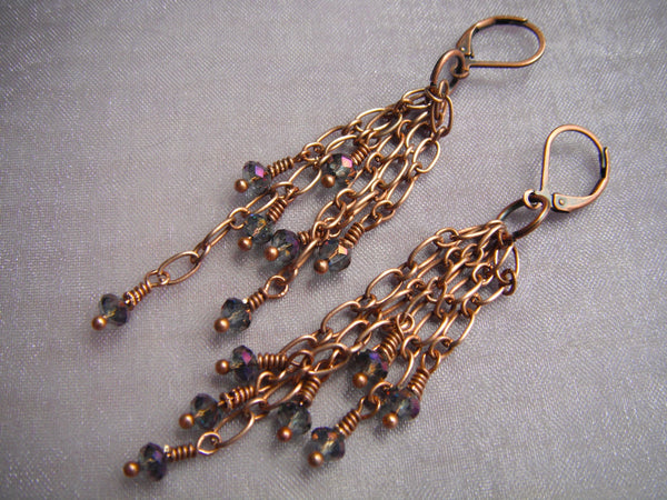 Copper Chain Crystal Earrings Chandelier Style Purple Blue Long Dangle Earrings - 2 5/8" RC