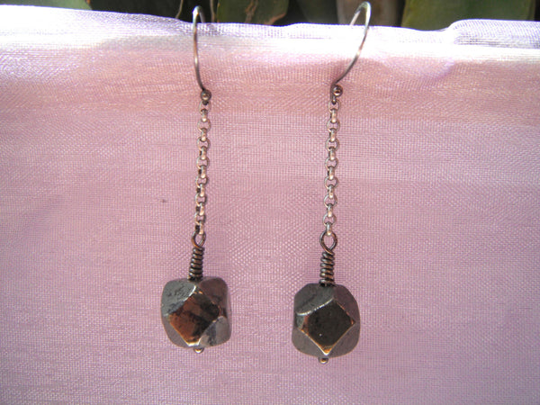 Pyrite Nugget Earrings Single Silver Chain Dangles - 1 3/8"