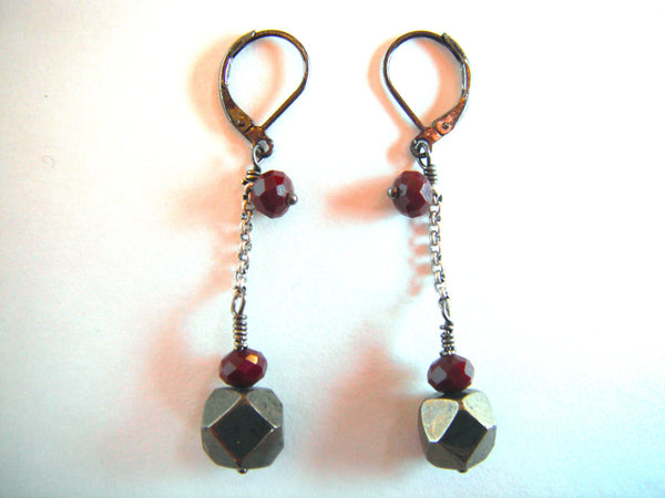 Pyrite Nugget Earrings Chocolate Crystal Chain Dangle Earrings 1 1/2"