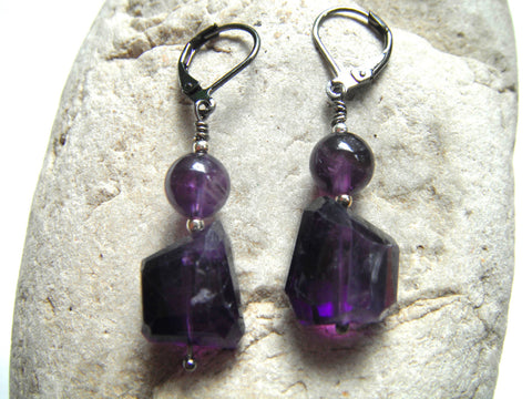 Amethyst Chunk Earrings Rich Purple Faceted Large Beads Dangle Earrings