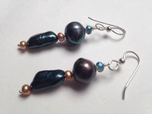 Freshwater and Biwa Pearl Earrings Black Pearls Peacock Biwa Earrings