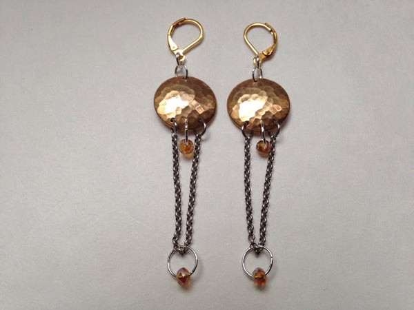 Brass Hammered Disc Chain Earrings Swarovski Crystals Silver Chain Dangle Earrings