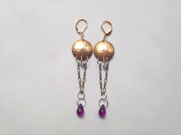 Brass Hammered Disc Chain Earrings Purple Teardrop Glass Brass Chain Dangle Earrings