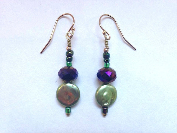 Oil Slick Crystal Green Pearl Earrings Small Dangle Earrings