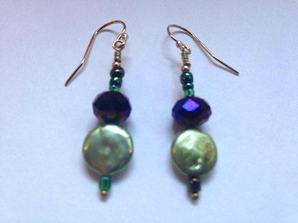 Oil Slick Crystal Green Pearl Earrings Small Dangle Earrings