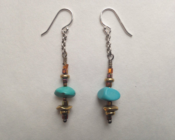 Turquoise Brass Earrings on Silver Chain and Seed Beads Single Dangle Earrings
