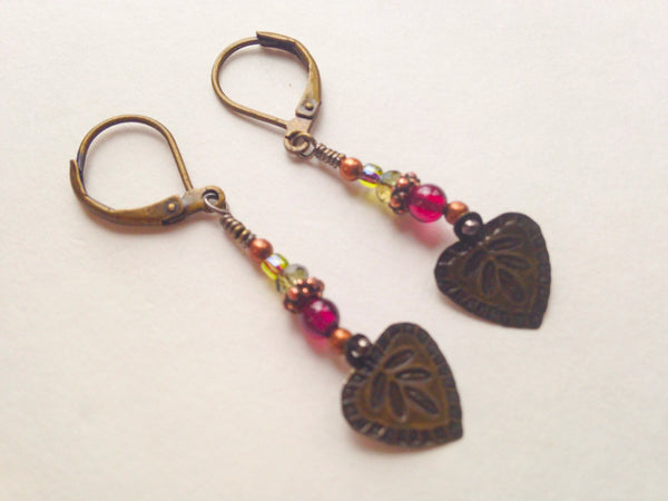 Brass Heart Garnet Earrings Beaded Dangle Earrings