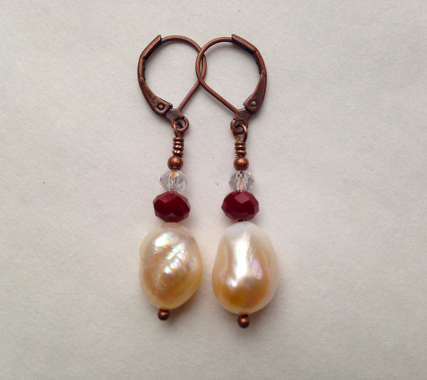 Copper Baroque Pearl Earrings Chocolate Quartz Swarovski Crystal Dangle Earrings