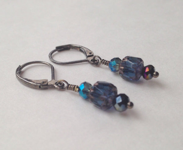 Deep Blue Czech Glass Earrings with Swarovski Crystals