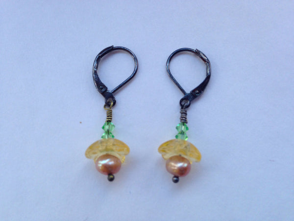 Yellow Flower Czech Glass Small Earrings with Pearls, Swarovski Crystals