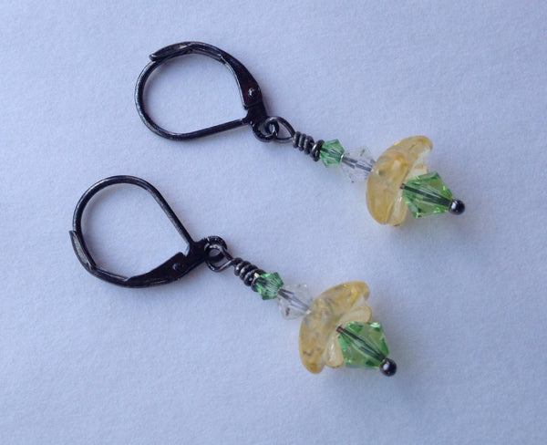Yellow Flower Czech Glass Small Earrings with Swarovski Crystals