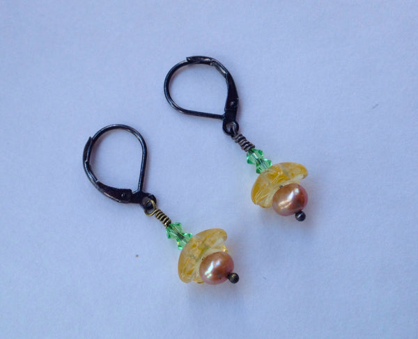 Yellow Flower Czech Glass Small Earrings with Pearls, Swarovski Crystals