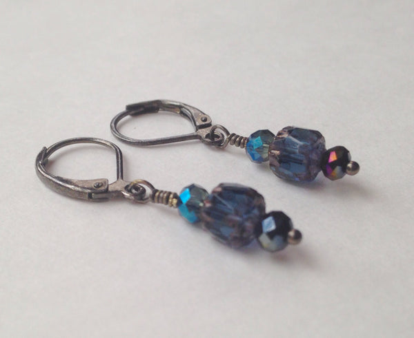 Cathedral Czech Glass Earrings Montana Blue Beads with Copper Ends Swarovski Crystal Earrings